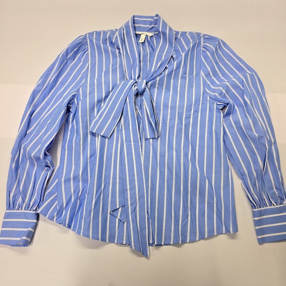 H&M Tops - H&M Womens Blue White Striped Pussybow Tie Neck Blouse Long Sleeve Small